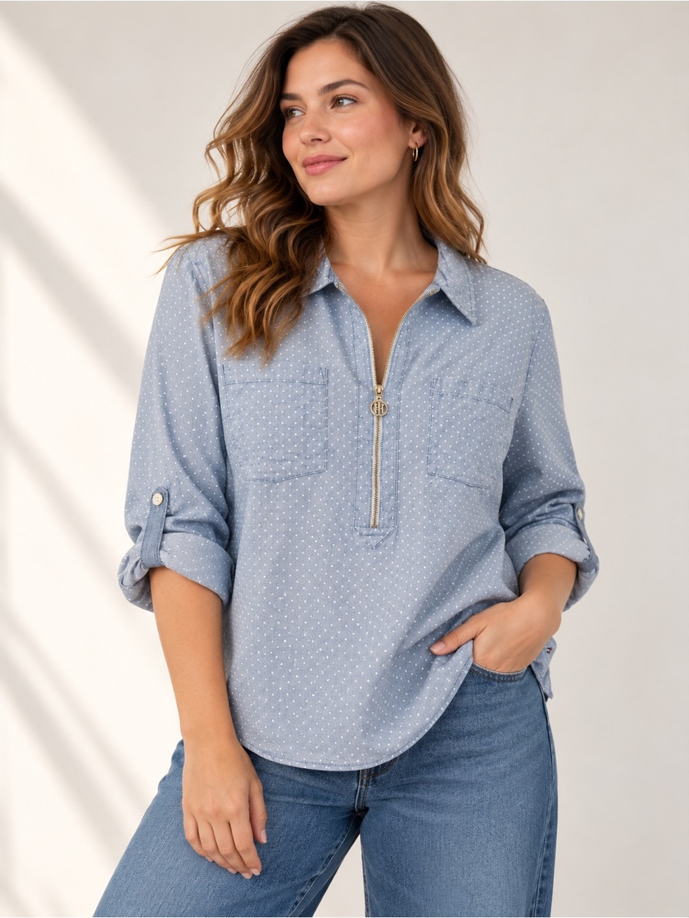 Tommy Hilfiger Polka Dot Chambray Half Zip Shirt XL